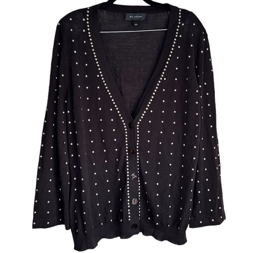 ST. JOHN SIZE L BROWN CARDIGAN SWEATER WOOL BLEND PADDED SHOULDER‎